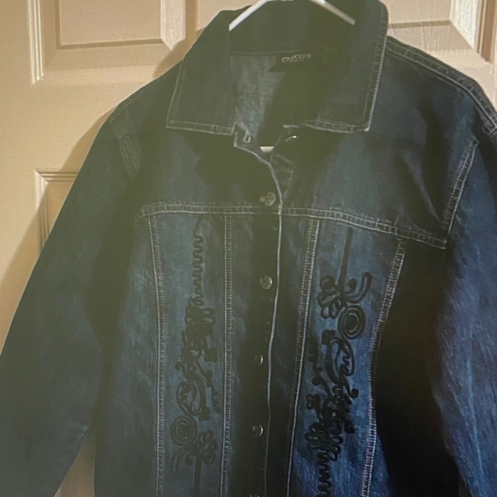 Chico's Dark Blue Denim Jacket with Black Embroidery